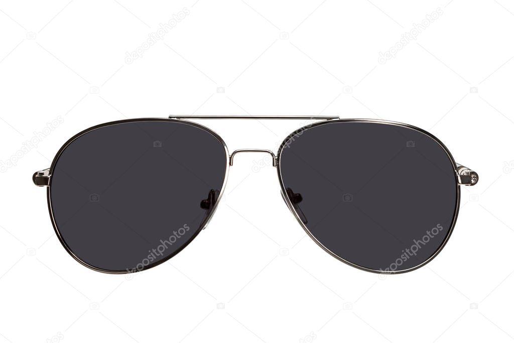 Fashionable unisex sunglasses in the form of a drop with a metal frame and dark lenses, isolated on a white background. Foreground.