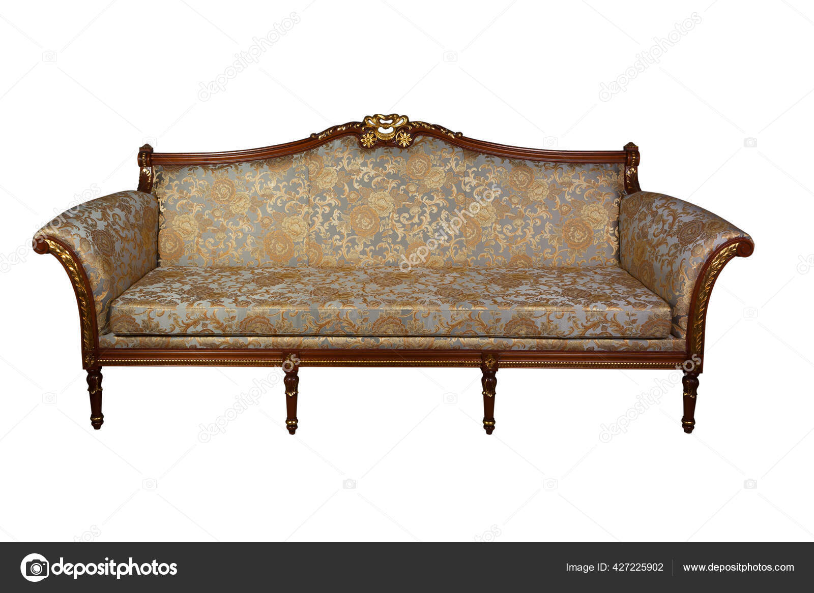 Vintage Sofa Carved Wood Frame Jacquard Upholstery Isolated White Background  Stock Photo by ©maker-vip 427225902