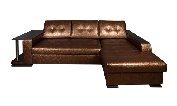 Sofa Lembut Pojok Ditaburi Dalam Kulit Faux Coklat Dengan Lembaran — Stok Foto