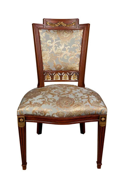 Vintage Chair Carved Wood Frame Jacquard Upholstery Isolated White Background — Stock Photo, Image