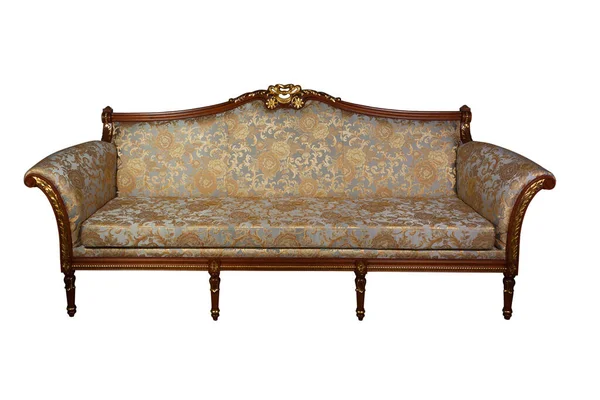 Vintage Sofa Mit Geschnitztem Holzrahmen Und Jacquard Polsterung Isoliert Auf — Stockfoto