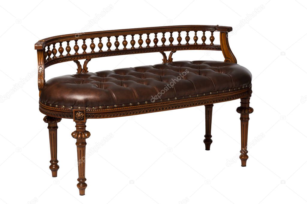 Vintage couch. Carved wooden frame and leather-covered seat, carriage coupler method. Isolated on a white background. View in half a turn.