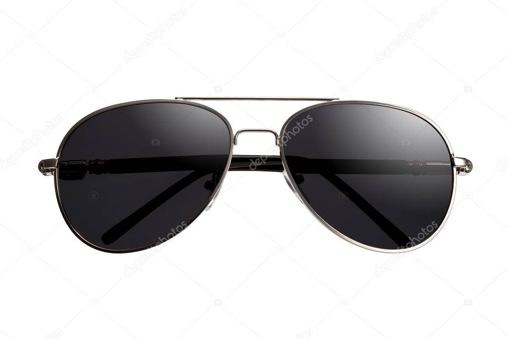 Stylish unisex sunglasses drop shaped with folded temples on a white background. Front view.