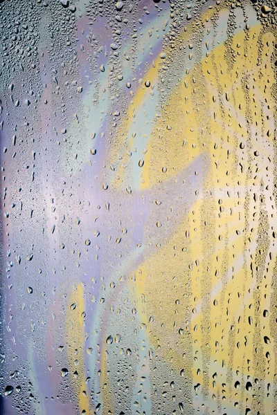 Drops Water Flow Surface Transparent Glass Abstract Blurred Bright Colored — Stock Photo, Image