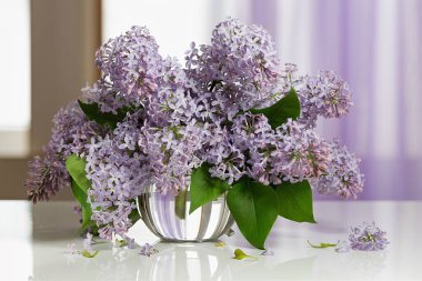 Yuvarlak cam bir vazoda bir demet leylak çiçeğiyle hafif hayat.