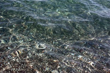 Bir su katmanının altındaki çakıl taşlarından deniz tabanının görüntüsü.