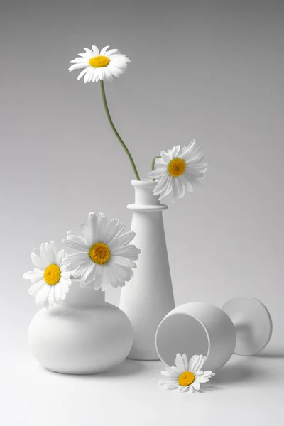 Papatya çiçekli iki vazo ve yan yatmış bir bardakla bembeyaz bir hayat..