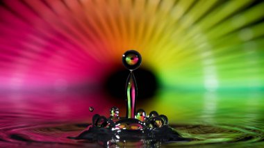 Bulanık bir arkaplanda, çok renkli bir spiral ile su yüzeyine düşen bir damla su..