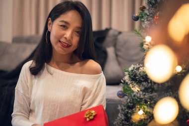 Noel 'i evde kutlamak için hediye kutusu olan bir kadın. Mutlu Noeller ve yeni yıl arifesi.