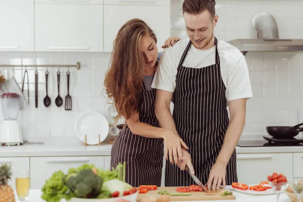 Happy Couple Love Cooking Together Kitchen Young Loving Man Woman — Stock Photo, Image