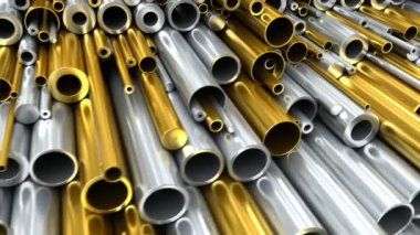 Çelik, alüminyum, bakır ve pirinç malzemeden yapılmış yuvarlak metal borular ve çubuklar. Çapı ve kalınlığı farklı. Metal borular deposu. Endüstriyel 3d canlandırma