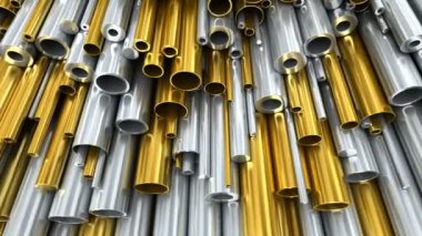 Çelik, alüminyum, bakır ve pirinç malzemeden yapılmış yuvarlak metal borular ve çubuklar. Çapı ve kalınlığı farklı. Metal borular deposu. Endüstriyel 3d canlandırma