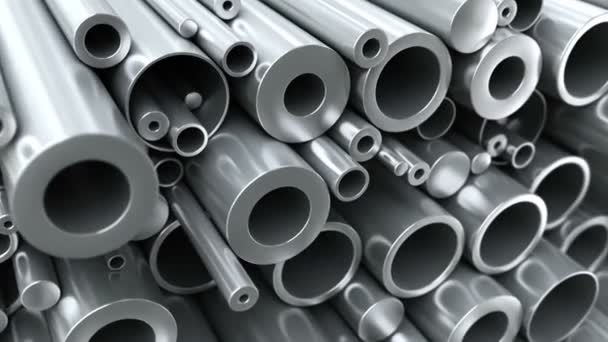 Close Set Different Diameters Steel Tubes Pipes Rods Industrial Animation — Stock Video