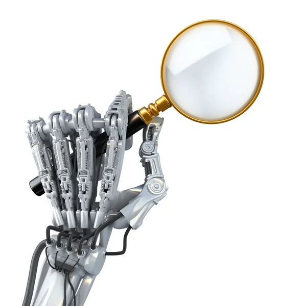 Robot busca información abstracta y utiliza lupa . — Foto de Stock