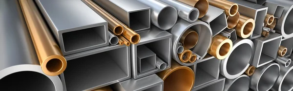 Rectangular, round and square Tube and pipe made of steel and copper — Stock Photo, Image