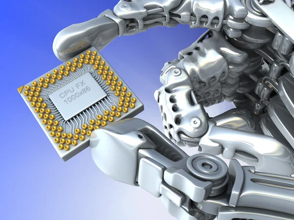 Brazo robot con chip de fantasía o procesador —  Fotos de Stock