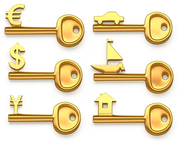 Золотые ключи, символизирующие евро, доллар, йену, дом, яхту и автомобиль. Концептуальная иллюстрация — стоковое фото