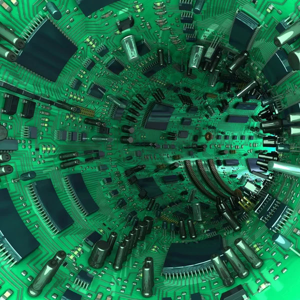 Tunnel gemaakt van moederborden en elektrische onderdelen. 3D illustratie — Stockfoto