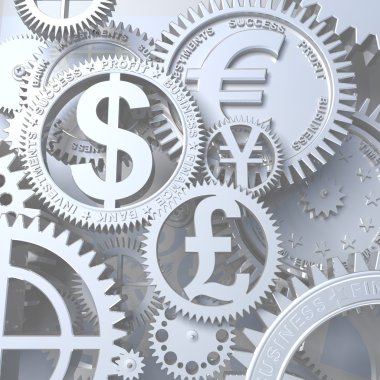 Para birimi işaretiyle fantezi gümüş saat. Euro dişli, dolar, yen, Lirası