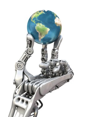 Mavi küre tutan robot. Yüksek teknoloji, elinde Dünya gezegeni. Kavramsal illüstrasyon.