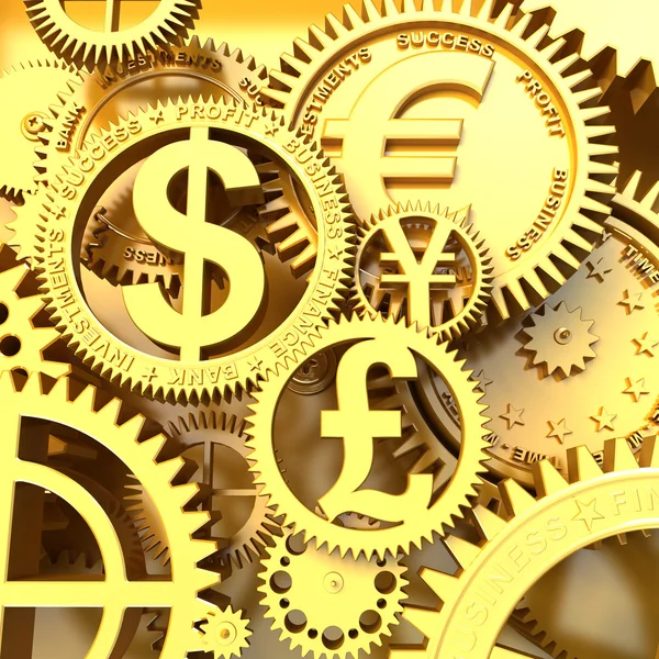 Fantasy golden clockwork with currency sign. Euro gear, dollar, yena, pound — Stock Photo, Image