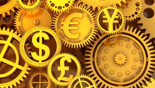 Fantasia relógio dourado com sinal de moeda. Euro engrenagem, dólar, iene, libra — Fotografia de Stock