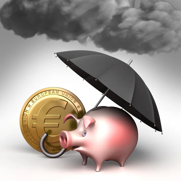 把伞保护储钱罐，从恶劣的天气。财务图 — 图库照片