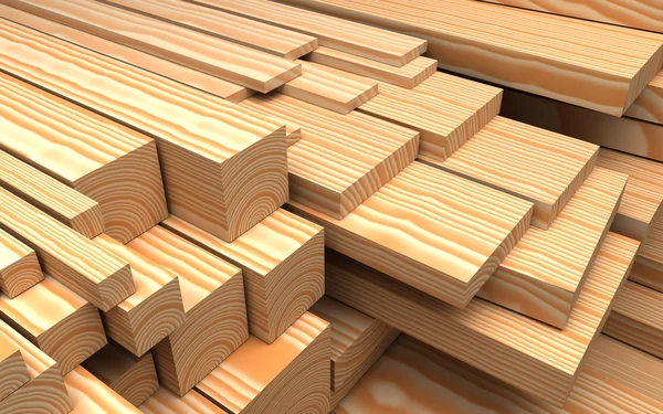 Строительные материалы. Крупный план различных деревянных досок и досок. Промышленное 3D-моделирование — стоковое фото