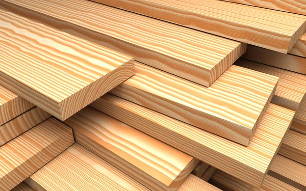 Materiali da costruzione. Primo piano diverse tavole di legno e tavola. Illustrazione industriale 3d — Foto Stock