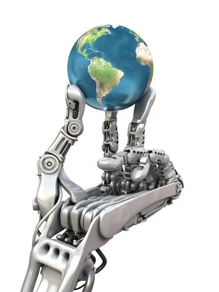 Mavi küre tutan robot. Yüksek teknoloji, elinde Dünya gezegeni. Kavramsal illüstrasyon.
