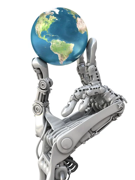 Mavi küre tutan robot. Yüksek teknoloji, elinde Dünya gezegeni. Kavramsal illüstrasyon.