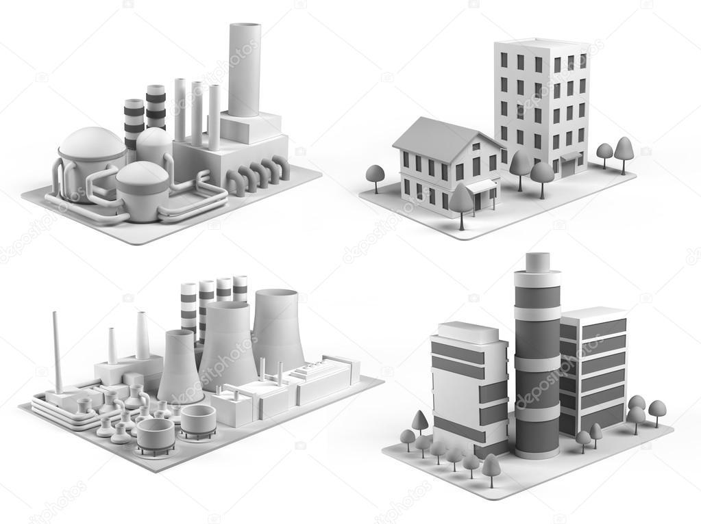 Set of different buildings, office center, powerhouse, factory and  dwelling house