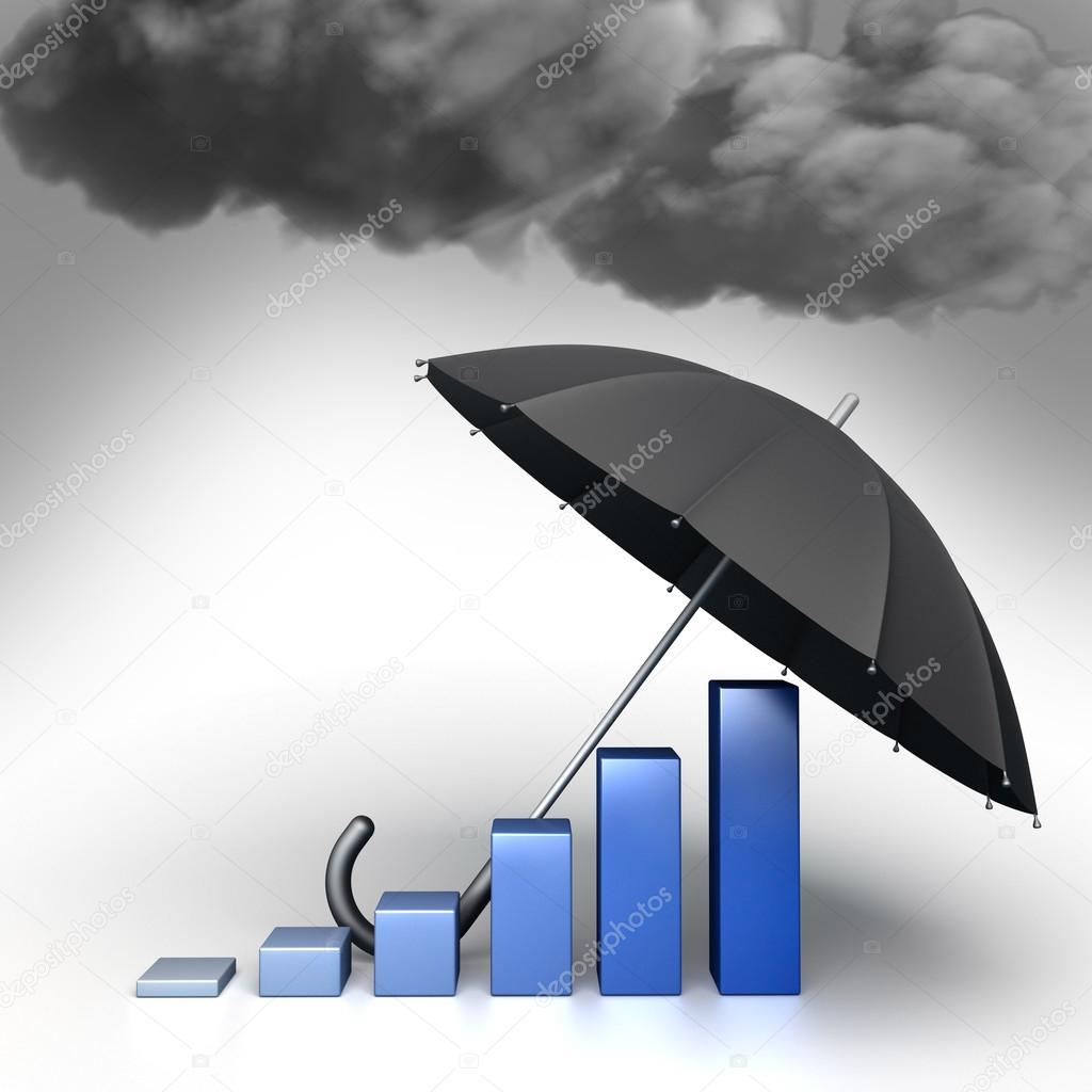 Umbrella protects Economic chart from bad weather. Conceptual illustration