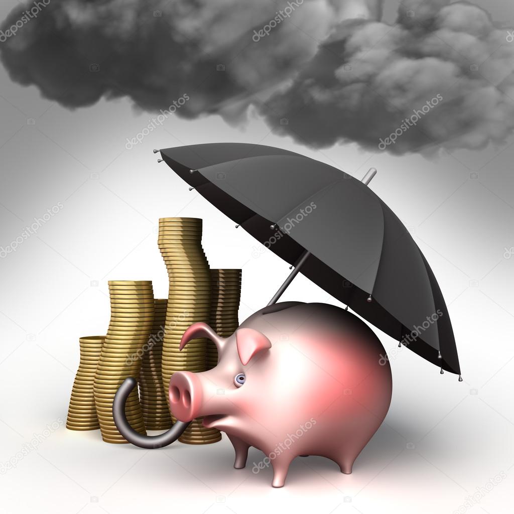 Umbrella protects piggy bank,  against bad weather. Guard against crisis.
