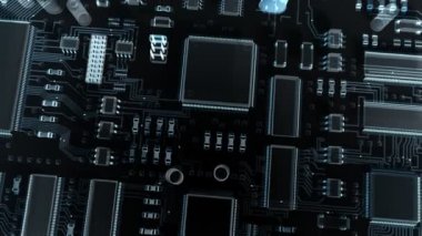 Modern electronic circuit board or mainboard with chips and microcircuits. High Technology 3d animation.