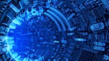Çipler ve mikro devrelerden oluşan soyut bir donanım tüneli. Yüksek teknoloji 3D fütüristik animasyon.