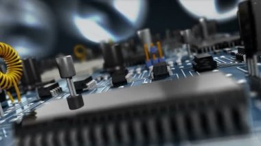Modern electronic circuit board or mainboard with chips and microcircuits.  High Technology 3d animation.