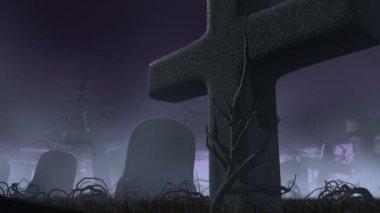 Halloween night in a gothic cemetery. Horror 3d animation. The Moon transforming into jack o' lantern of pumpkin