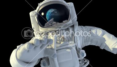 Astronaut in open space. He looks at the planet Earth  3d animation.