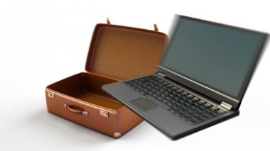 Conceptual travel 3d animation.  Camera, laptop, shorts, fins, sunglasses fly into a suitcase.  The suitcase changes to a car and rides by world map.