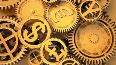 Time-Money. Fantasy business clockwork. Conceptual 3d animation. Camera flying through clockwork.