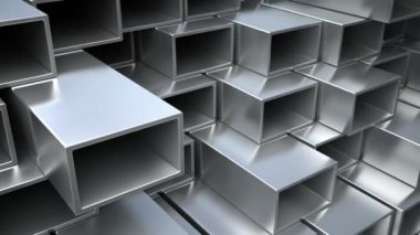 Metallic or aluminum square pipes on warehouse .Industrial Loop 3d animation.