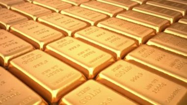 Golden ingots in bank vault or safe. Loop business 3d animation.
