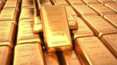 Golden ingots in bank vault or safe. Loop business 3d animation.