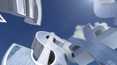 Buildings Currency Symbols. Fantasy finance centre. Business 3d animation
