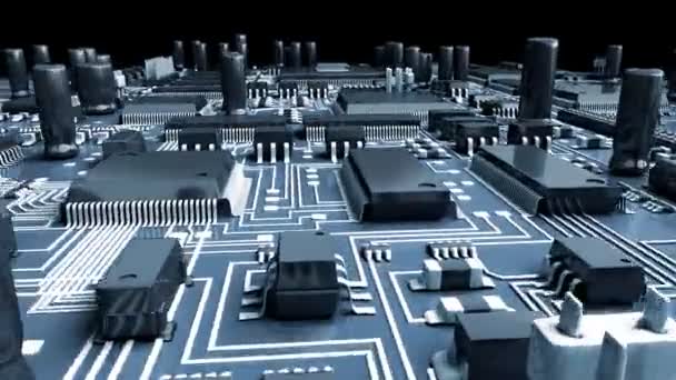 Placa de circuito eletrônico moderno ou placa principal com chips e microcircuitos. Animação 3d de alta tecnologia . — Vídeo de Stock
