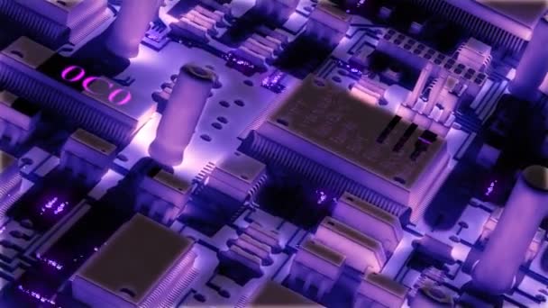 Placa de circuito eletrônico moderno ou placa principal com chips e microcircuitos. Animação 3d de alta tecnologia . — Vídeo de Stock