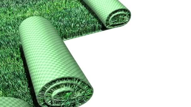 Green lawn is unfolding on white background. 3d animation for ecology and gardens — Αρχείο Βίντεο