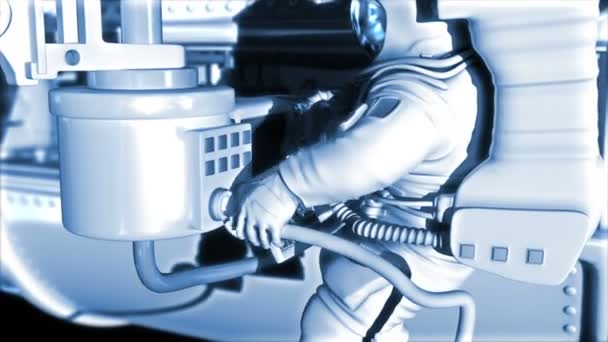 Raumstation auf der Erdumlaufbahn. Astronaut arbeitet im freien Weltraum. Er justiert Kommunikationsgeräte, Satellitenantennen. High-Tech 3D Animation — Stockvideo