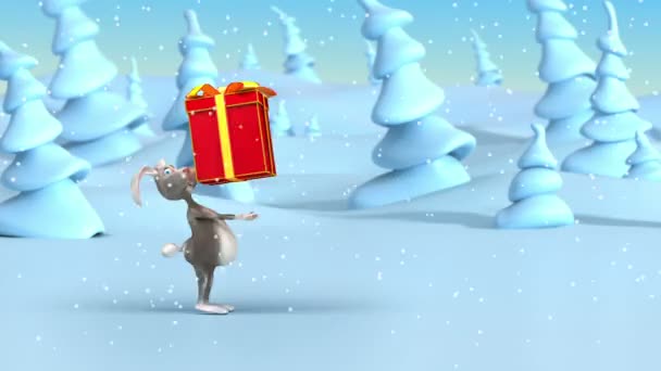 O coelho dos desenhos animados arrasta grandes presentes de Natal em caixas vermelhas de férias na floresta de inverno de fantasia. Loop animação 3d — Vídeo de Stock